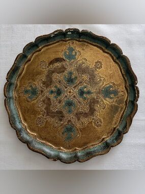 Mid-century Vintage Florentine Tray Verdigris Green / Gold Resin Gilded Italy